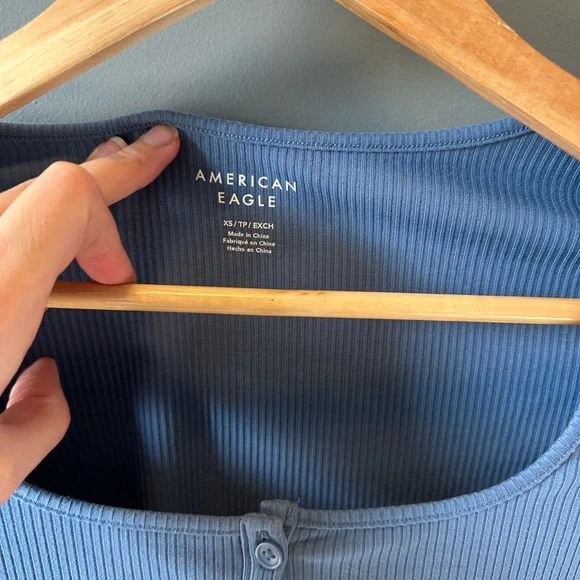 American Eagle Outfitters Blue Button-Front Ribbed Bodysuit - Picture 3 of 7